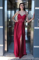 Bordo Yırtma Detaylı İp Askılı Saten Abiye Elbise 9704981.04 - 4