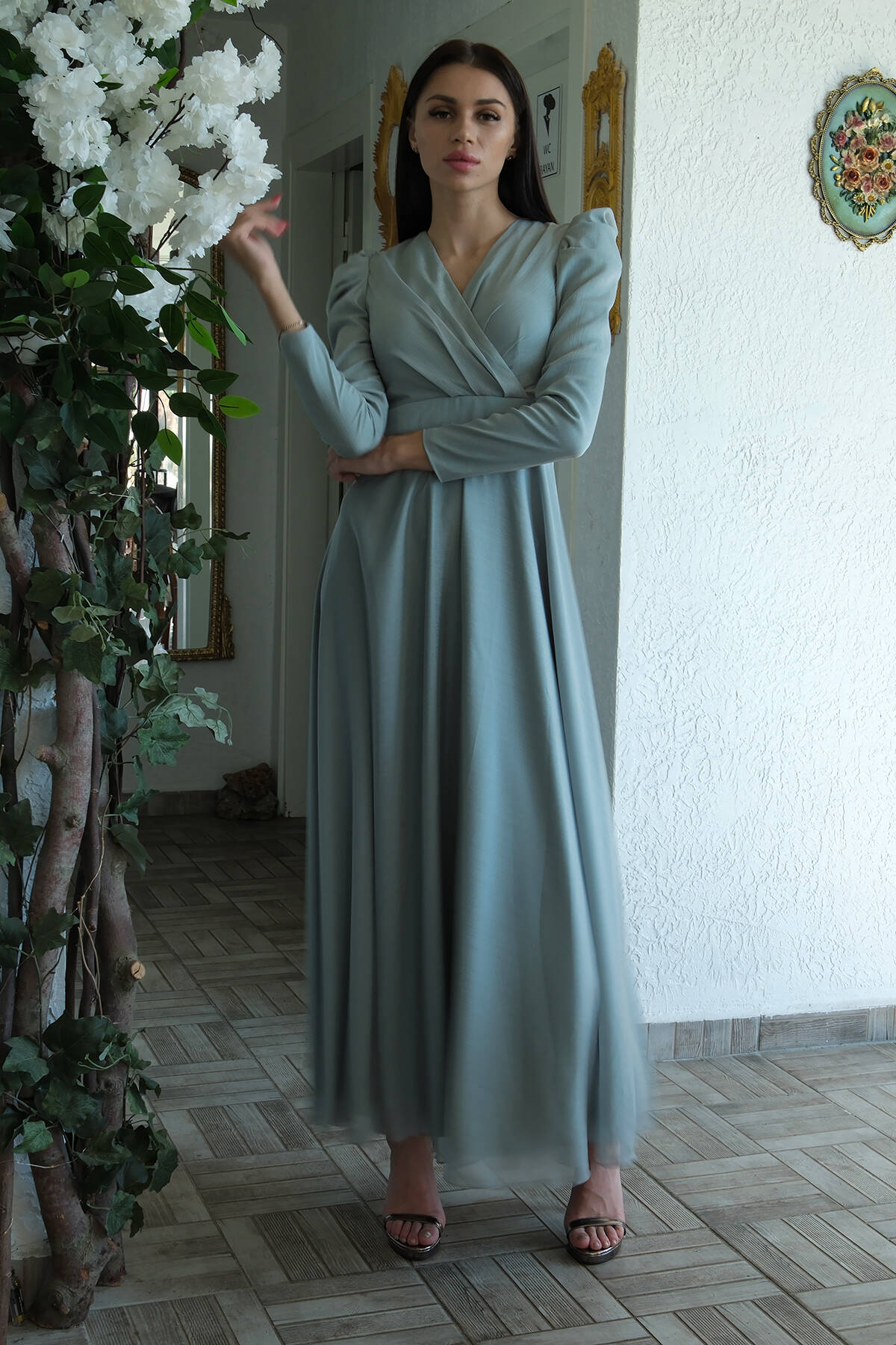 Çağla V Yaka Parıltılı Uzun Kollu Abiye 6502514.332 - Ardanewline