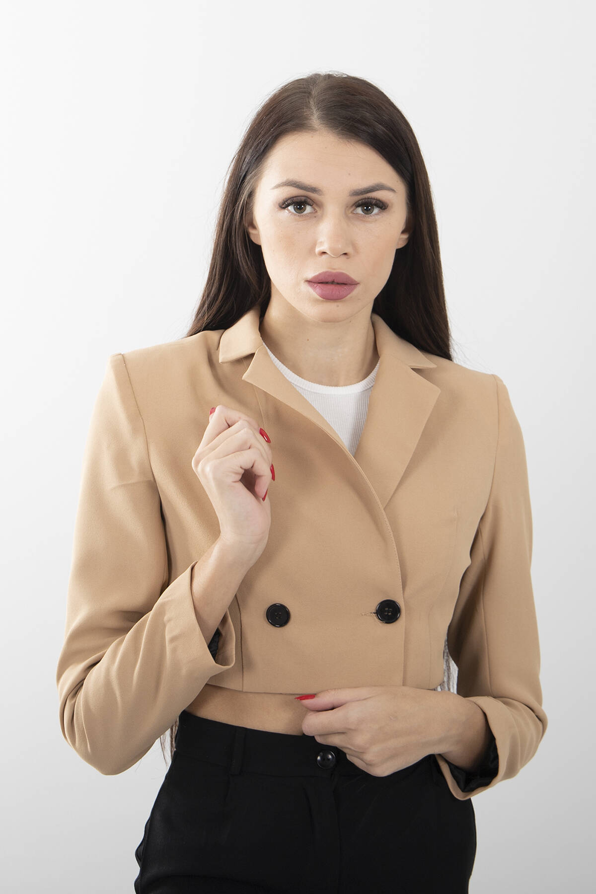 Camel Astarlı Crop Blazer Ceket 0105118.09