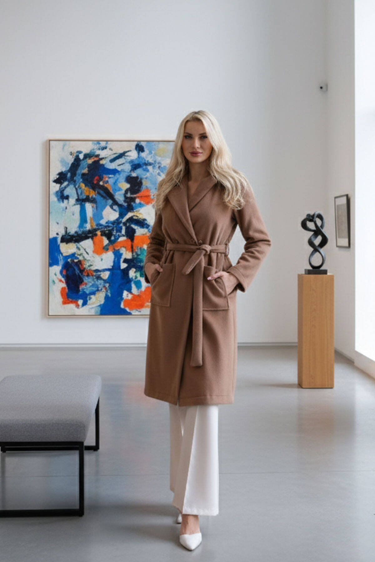 Camel Çift Cepli Kemer Bağlamalı Kapüşonlu Yün Kaban 0108089.09 - Ardanewline