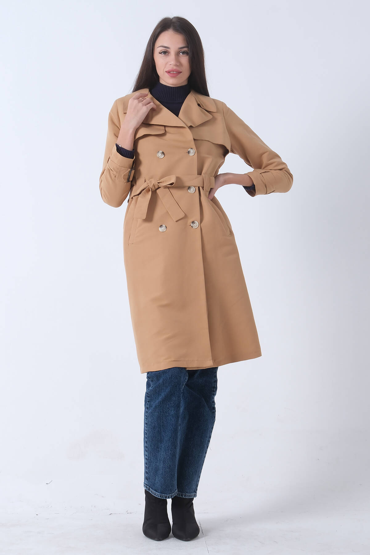 Camel Klasik Modern Kuşaklı Düğmeli Trençkot 4595040.09 - Ardanewline