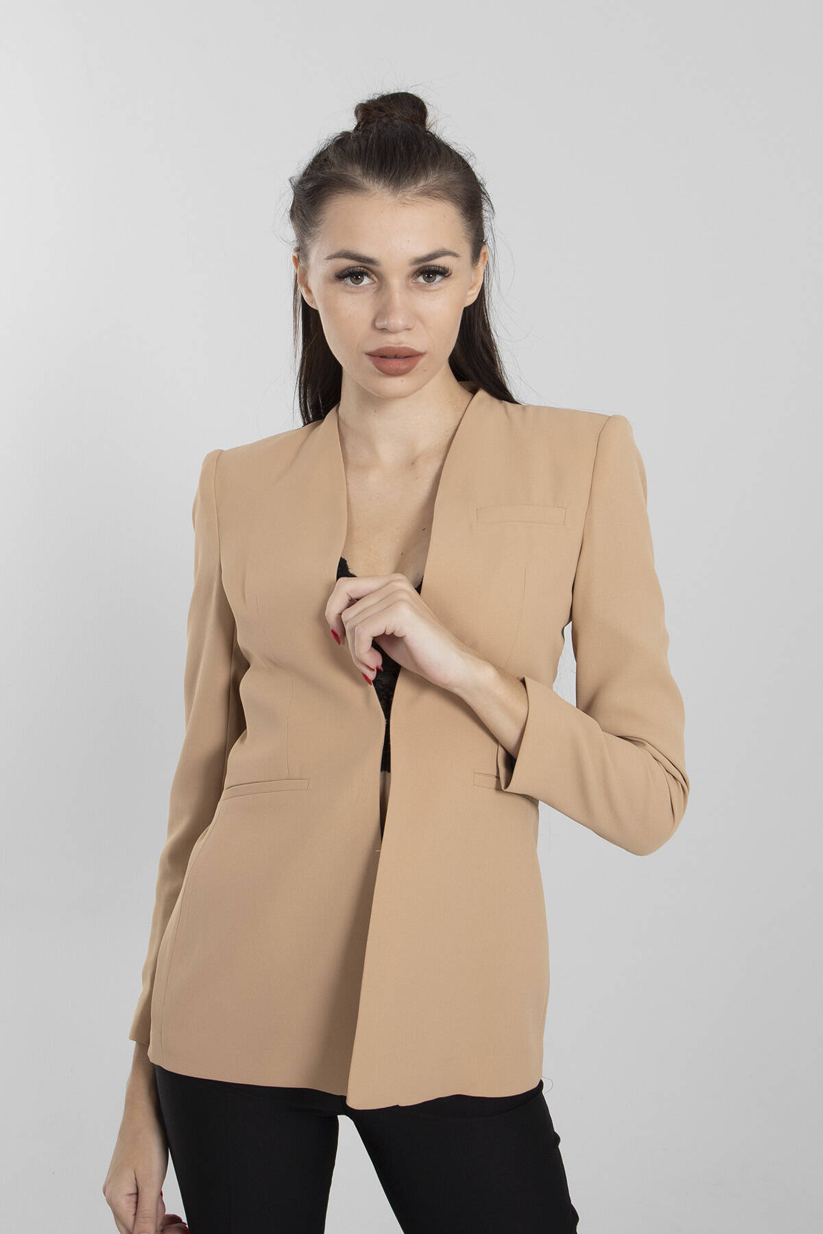 Camel Yuvarlak Yaka Astarlı Blazer Ceket 0105124.09