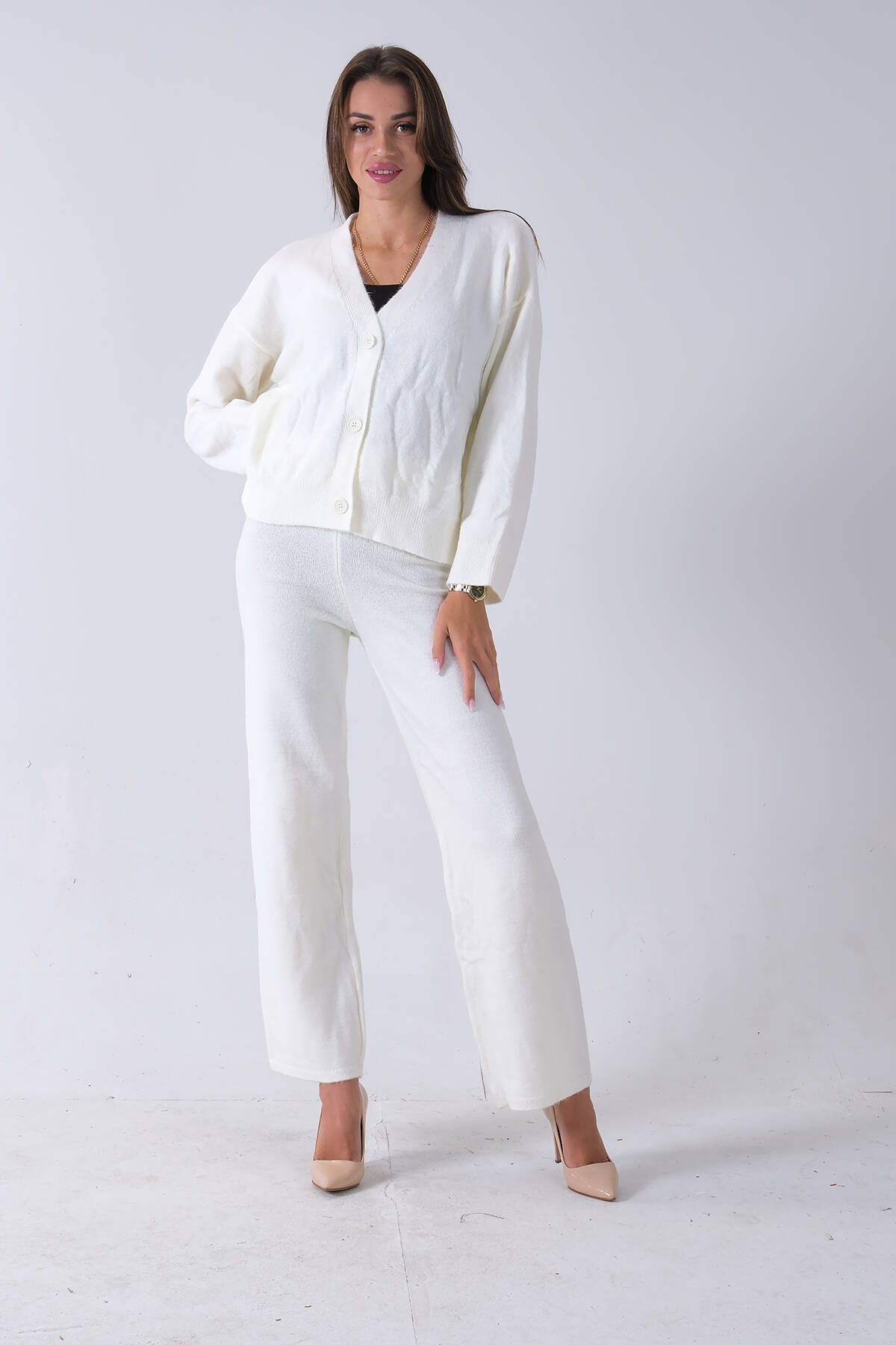 Ekru 3 Düğme Hırka Kapamalı Beli Lastikli Pantolonlu Triko Takım 46892606.147 - Ardanewline