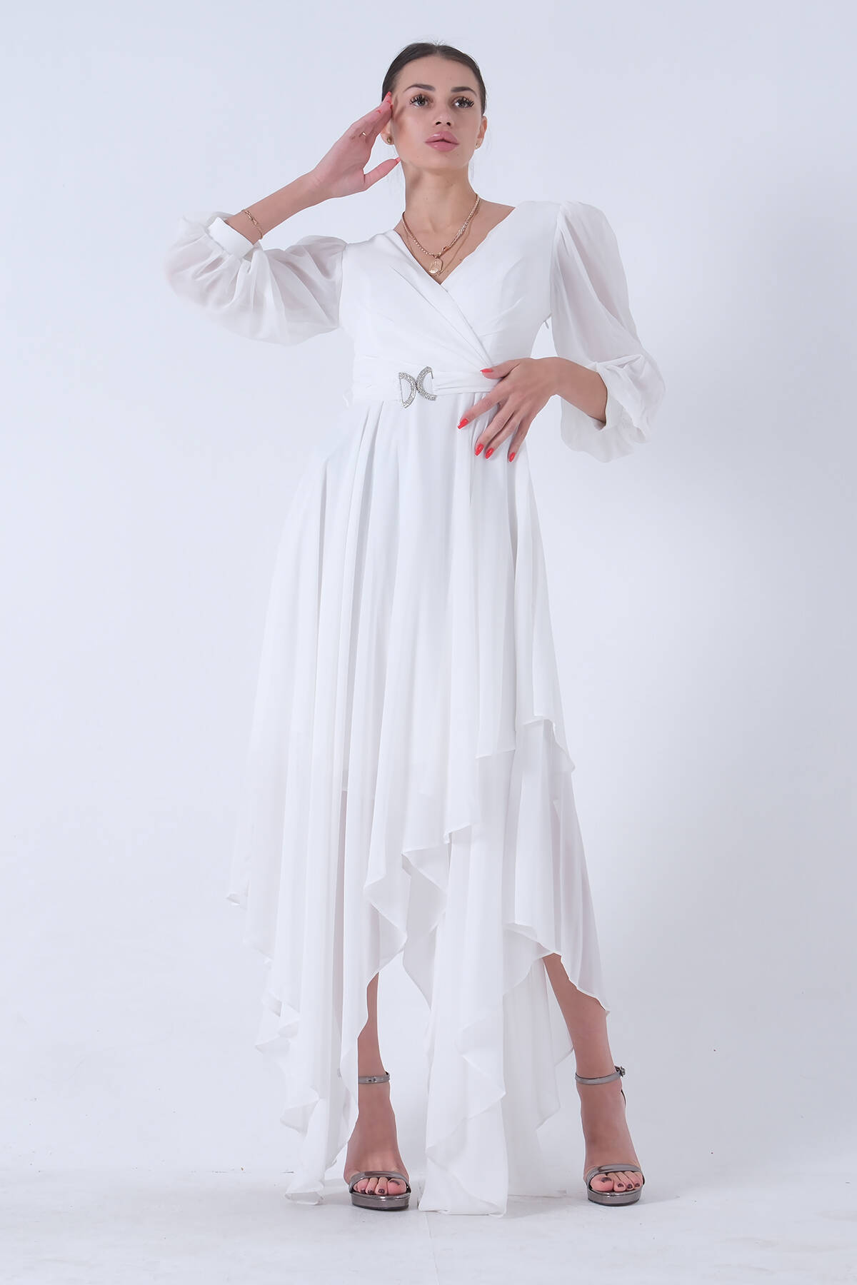 Ekru Balon Kol Kruvaze Yaka Asimetrik Kesim Abiye Elbise 6502417.147 - Ardanewline