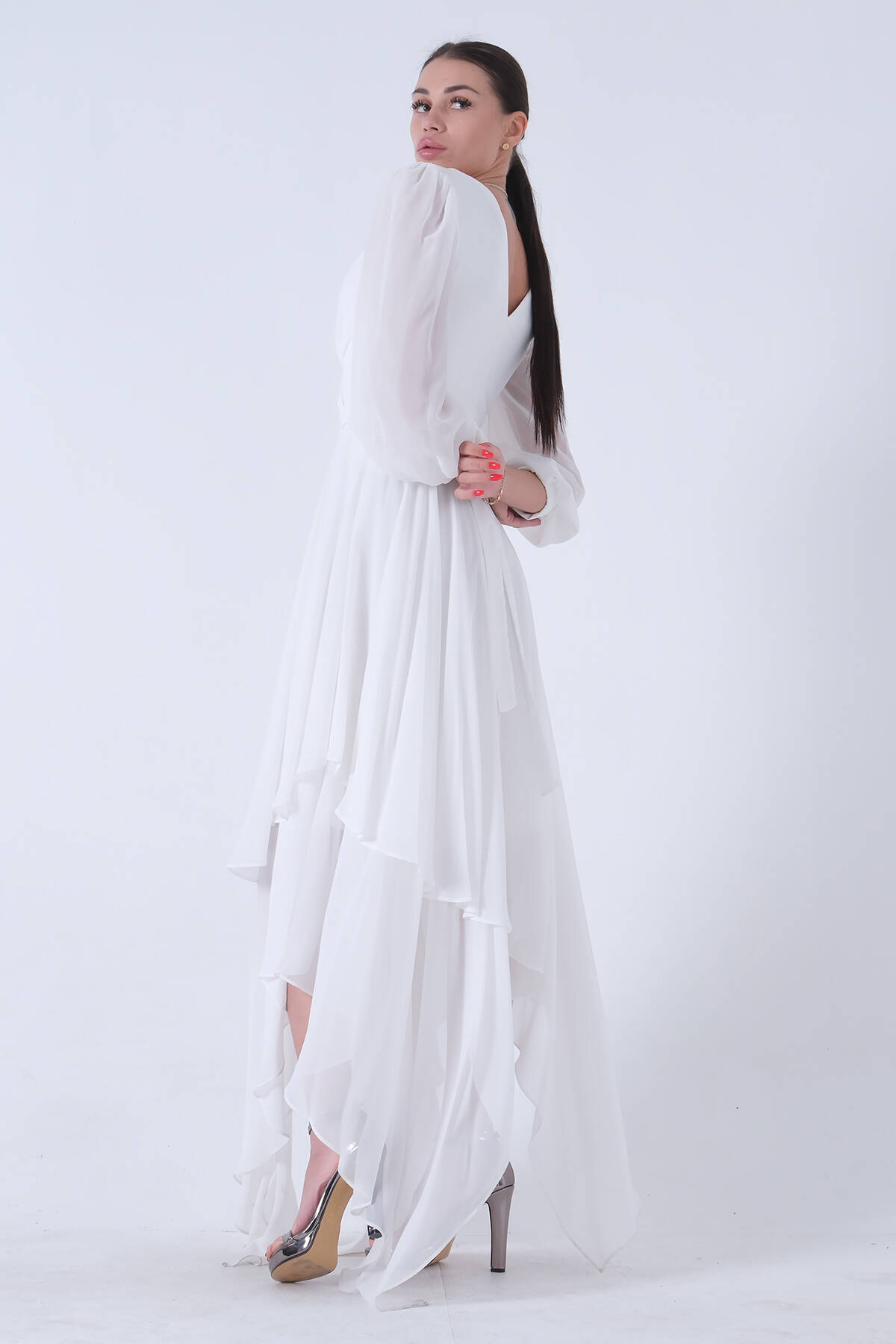 Ekru Balon Kol Kruvaze Yaka Asimetrik Kesim Abiye Elbise 6502417.147 - Ardanewline (1)