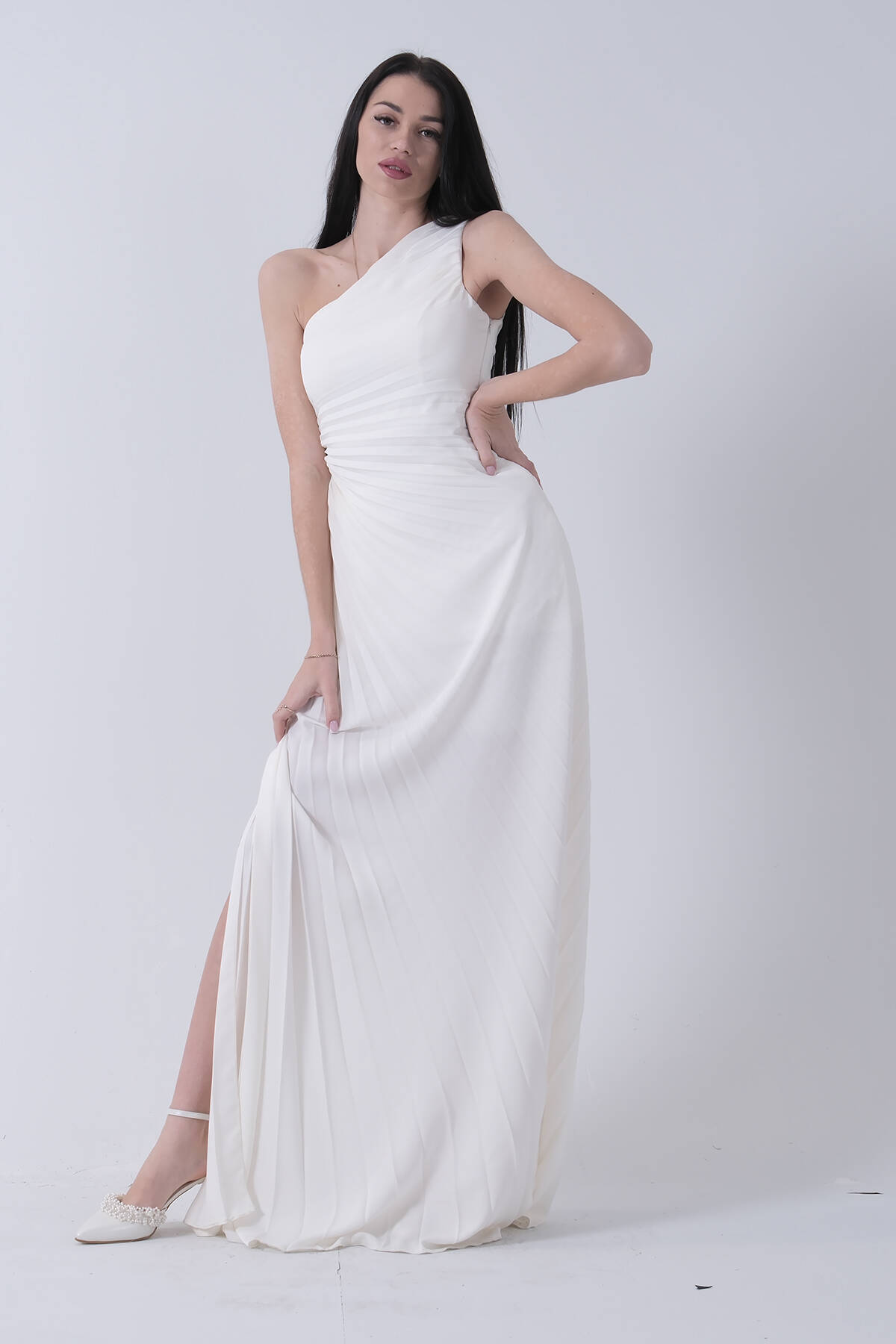 Ekru Bel Dekolteli Taş İşlemeli Abiye Elbise 4521014.147 - Ardanewline