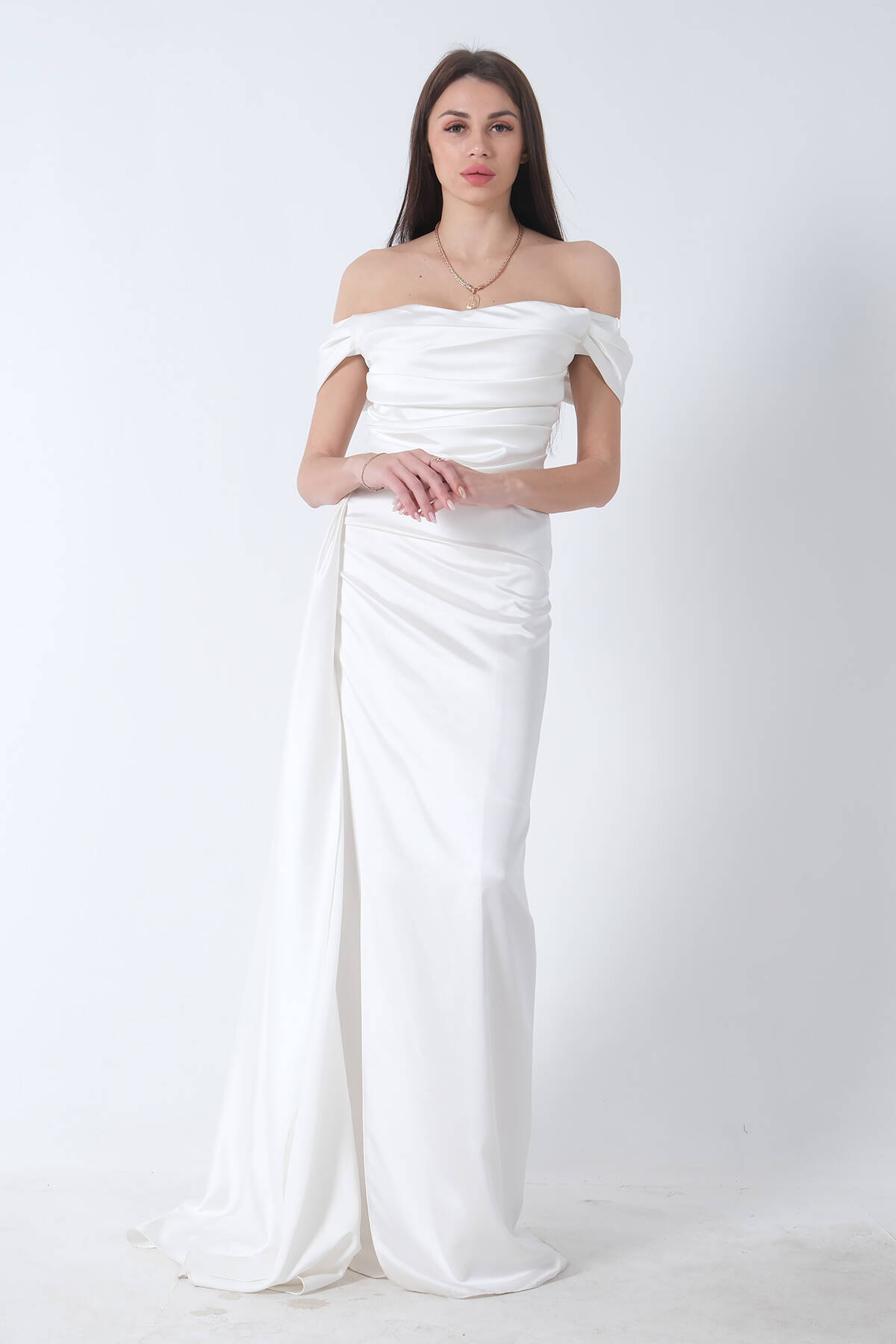 Ekru Drape Detaylı Saten Kumaş Abiye Elbise 9704858.147 - Ardanewline