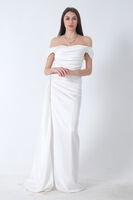 Ekru Drape Detaylı Saten Kumaş Abiye Elbise 9704858.147 - 1