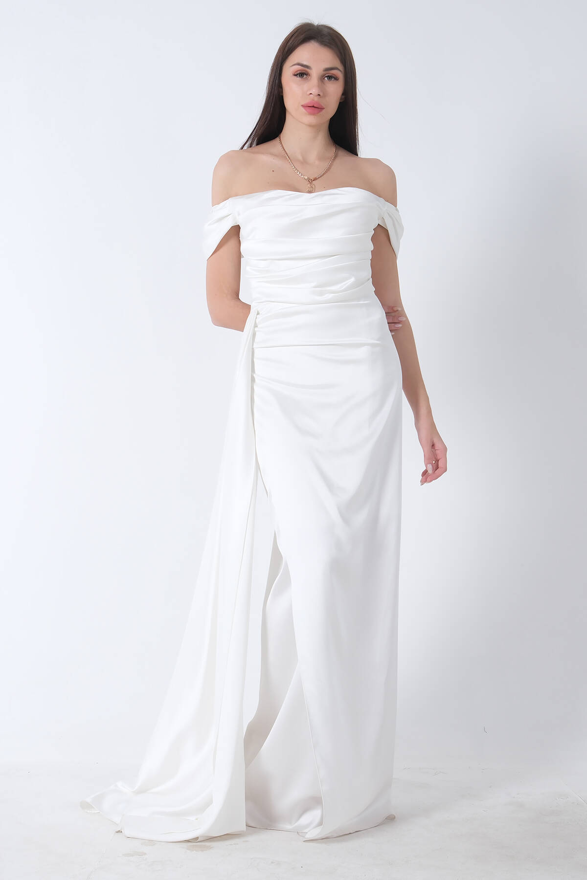 Ekru Drape Detaylı Saten Kumaş Abiye Elbise 9704858.147 - Ardanewline (1)