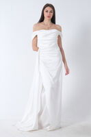 Ekru Drape Detaylı Saten Kumaş Abiye Elbise 9704858.147 - 2