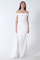 Ekru Drape Detaylı Saten Kumaş Abiye Elbise 9704858.147 - 3