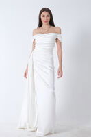 Ekru Drape Detaylı Saten Kumaş Abiye Elbise 9704858.147 - 4