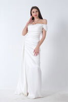 Ekru Drape Detaylı Saten Kumaş Abiye Elbise 9704858.147 - 5
