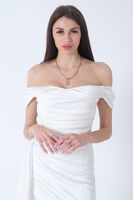 Ekru Drape Detaylı Saten Kumaş Abiye Elbise 9704858.147 - 6
