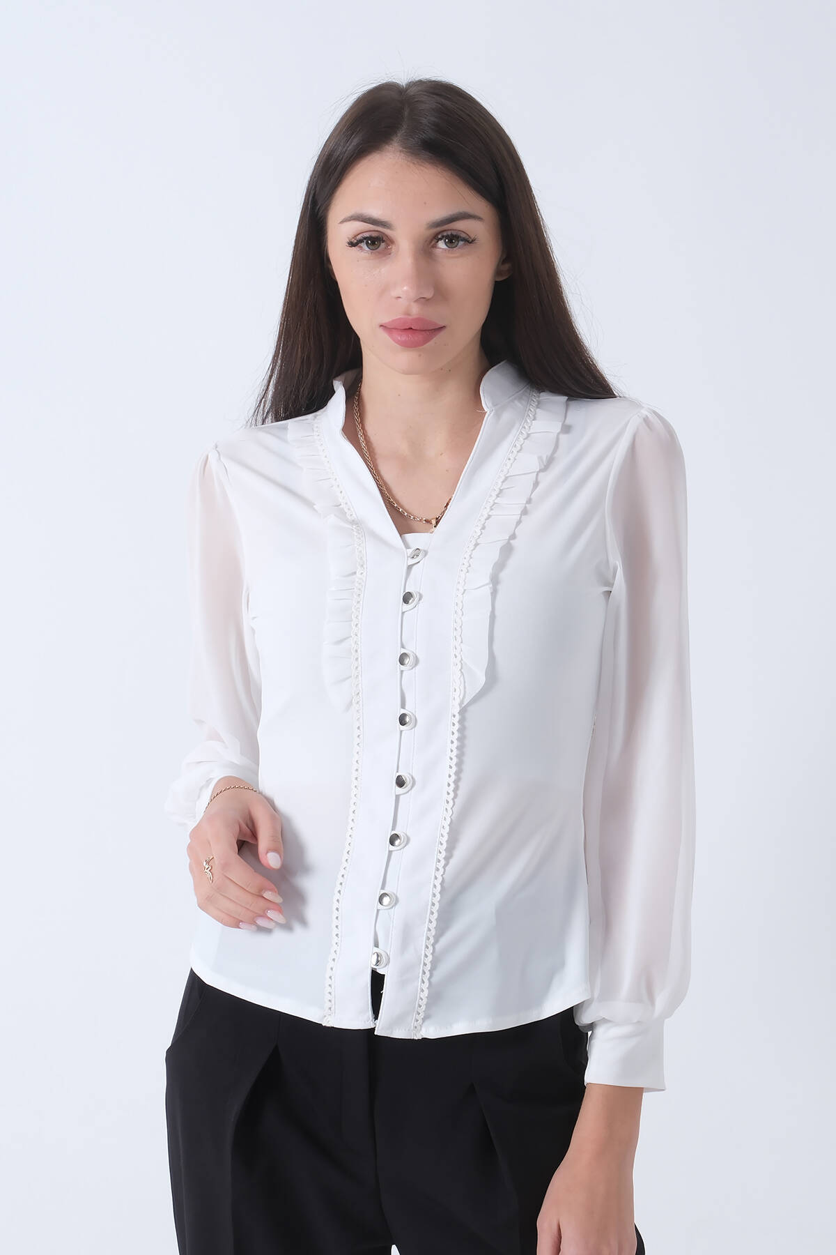 Ekru Fırfır Aksesuarlı Düğmeli Gömlek 4202760.147 - Ardanewline