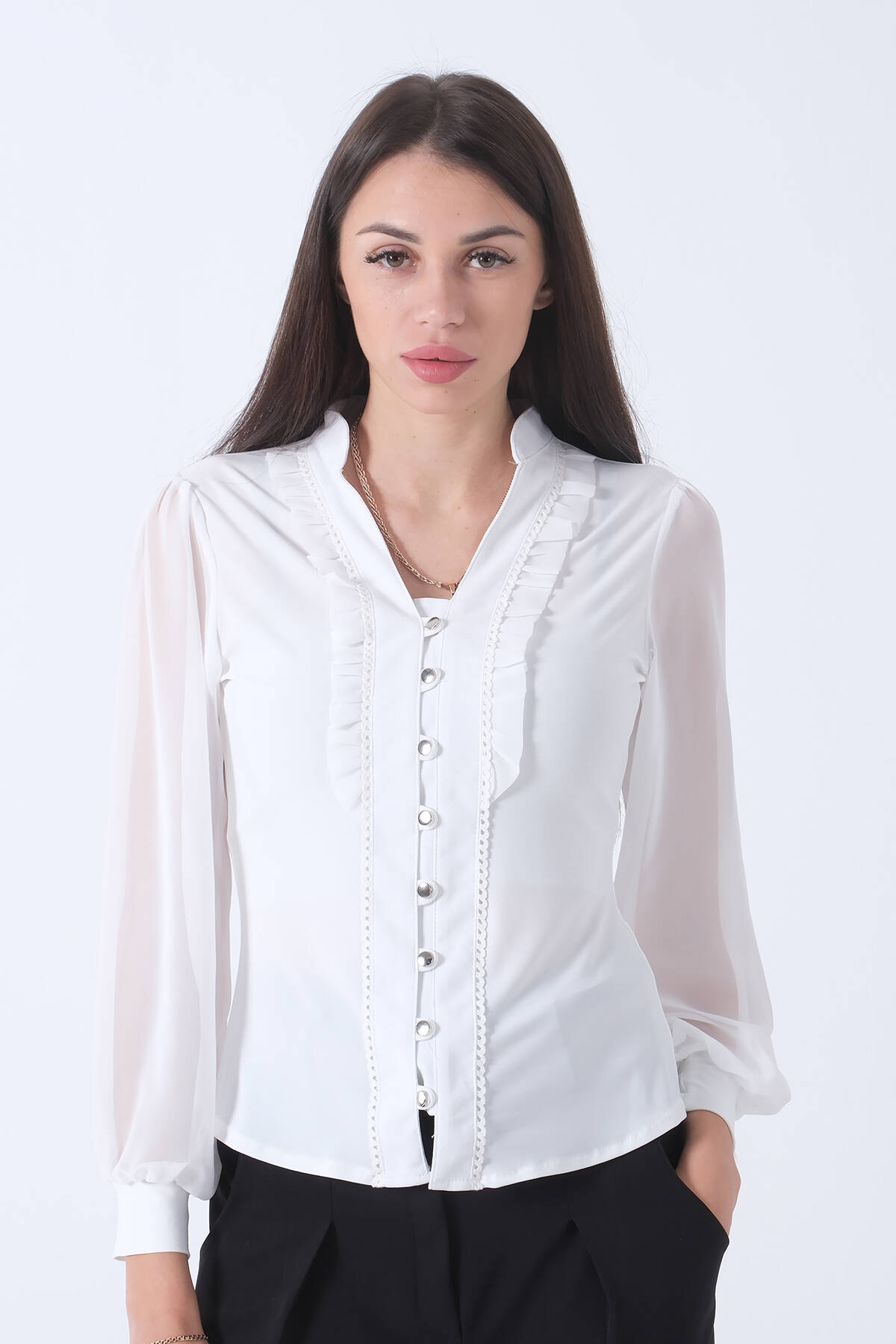 Ekru Fırfır Aksesuarlı Düğmeli Gömlek 4202760.147 - Ardanewline (1)