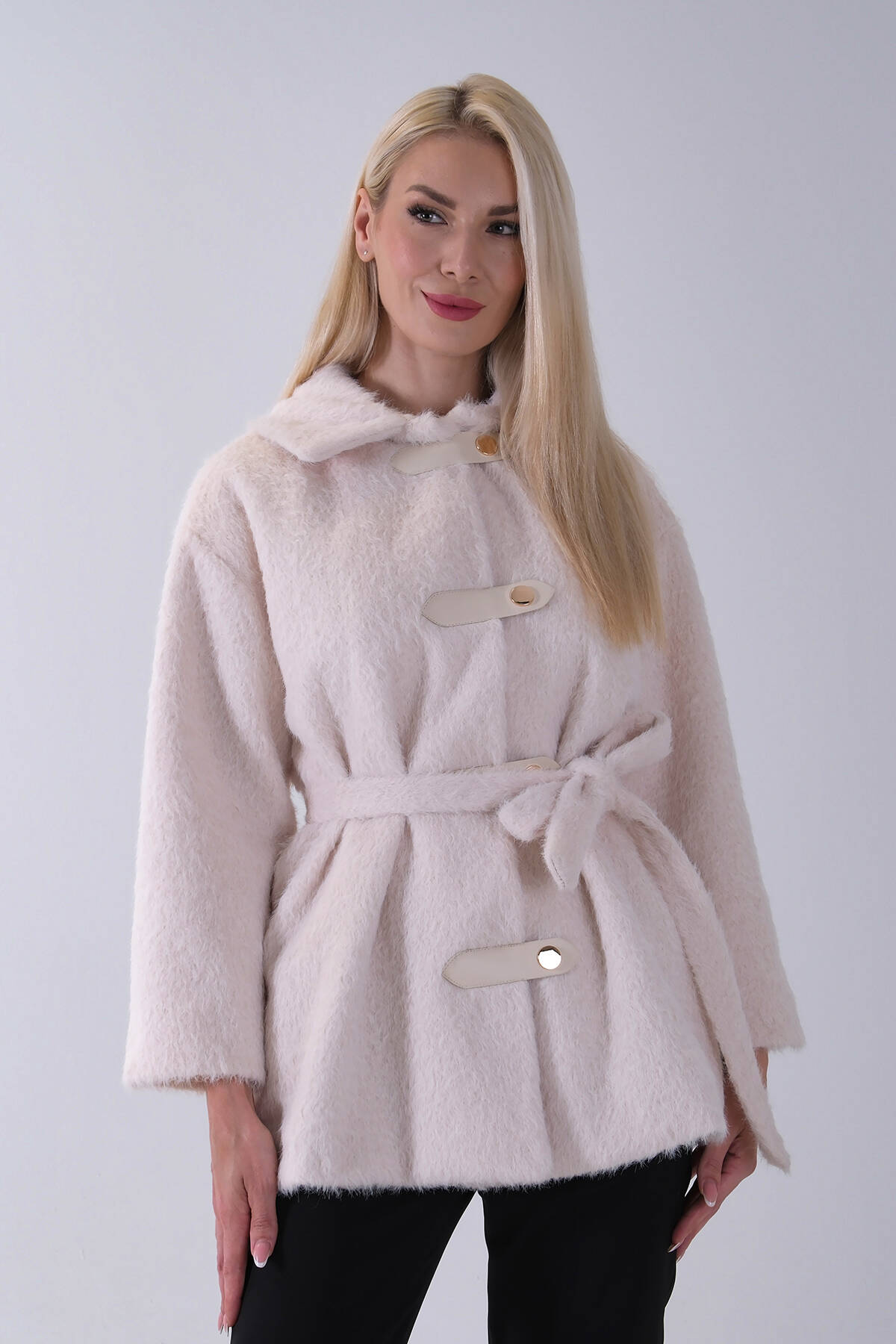 Ekru Gömlek Yakalı 4 Düğme Deri Bukle Detaylı Kaşe Yün Ceket 5307122.147 - Ardanewline (1)