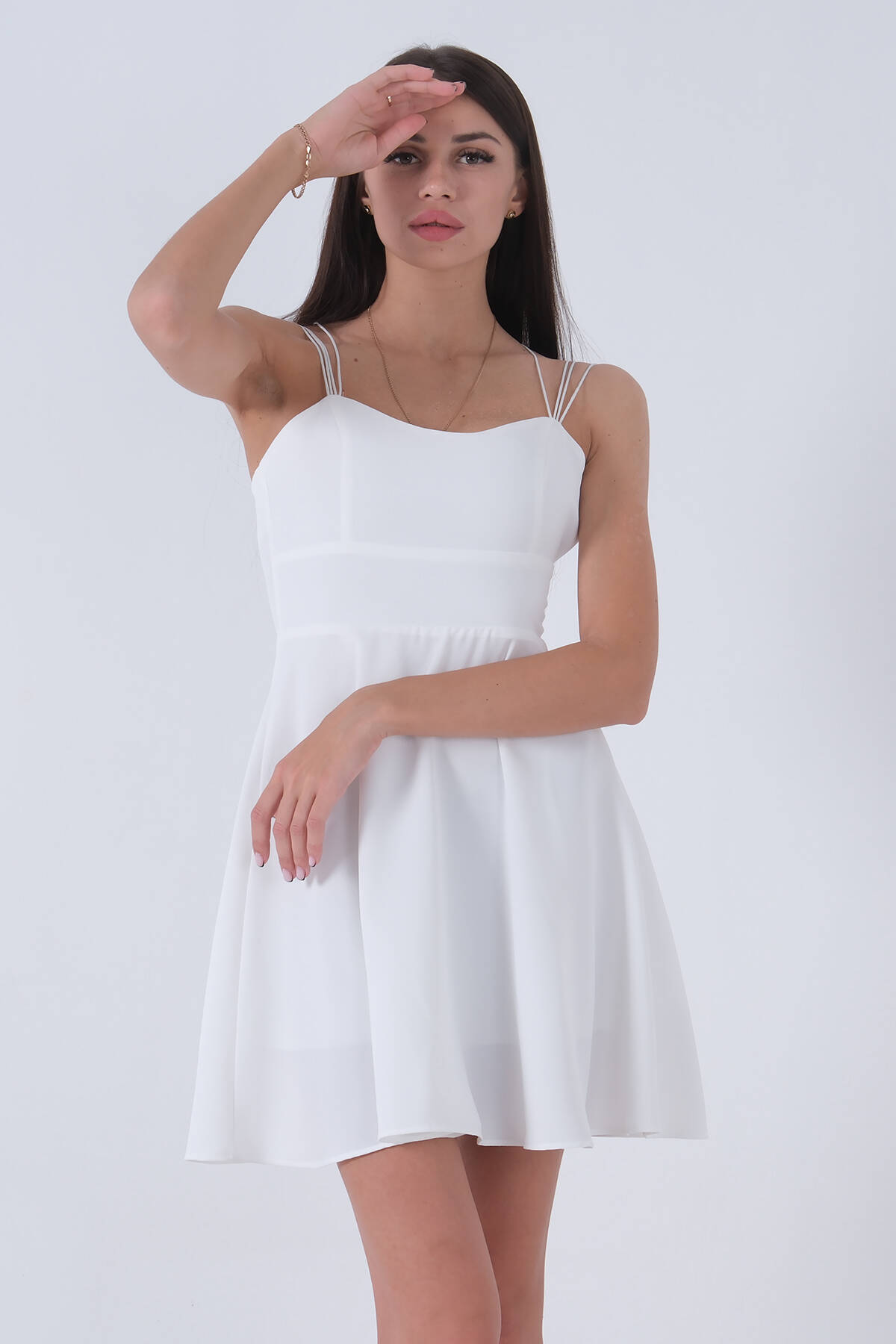 Ekru İnce Askılı Sırt Dekolteli V Yaka Kloş Abiye Elbise & Mezuniyet Elbisesi 0104026.147 - Ardanewline (1)