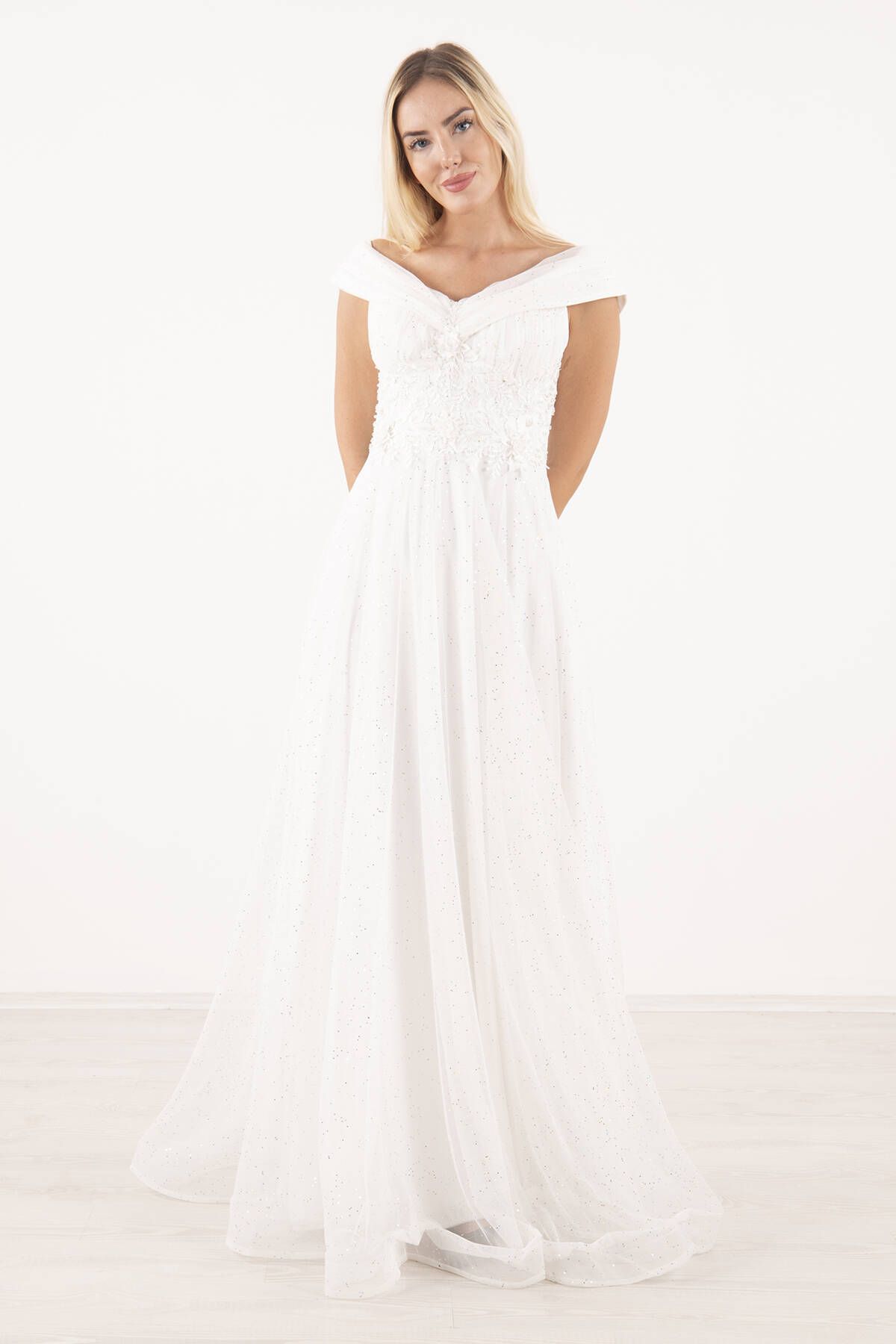 Ekru Kayık Yaka İşlemeli Abiye&Mezuniyet Elbisesi 1301641.147 - Ardanewline