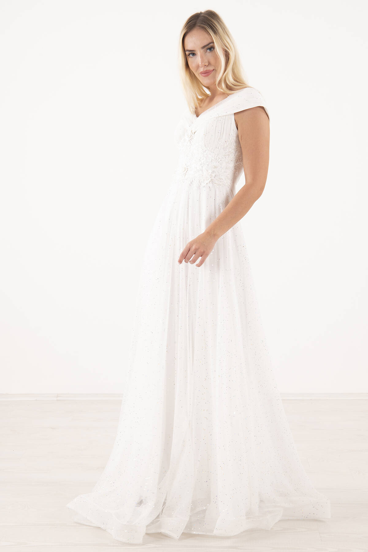 Ekru Kayık Yaka İşlemeli Abiye&Mezuniyet Elbisesi 1301641.147 - Ardanewline (1)