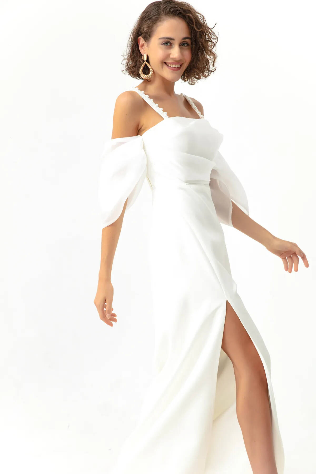 Ekru Kolları Şifon Yırtmaçlı Abiye 9705139.147 - Ardanewline (1)