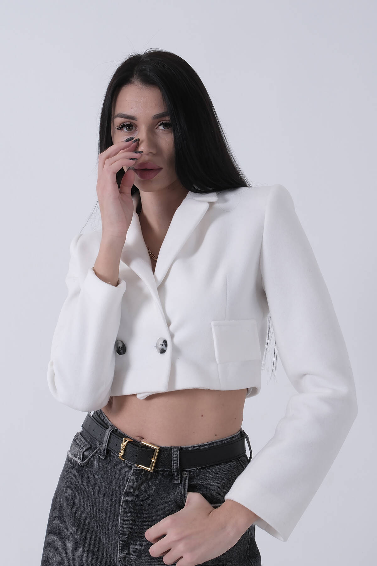 Ekru Kruvaze Yaka Kaşe Crop Astarlı Blazer Ceket 0105125.147 - Ardanewline (1)
