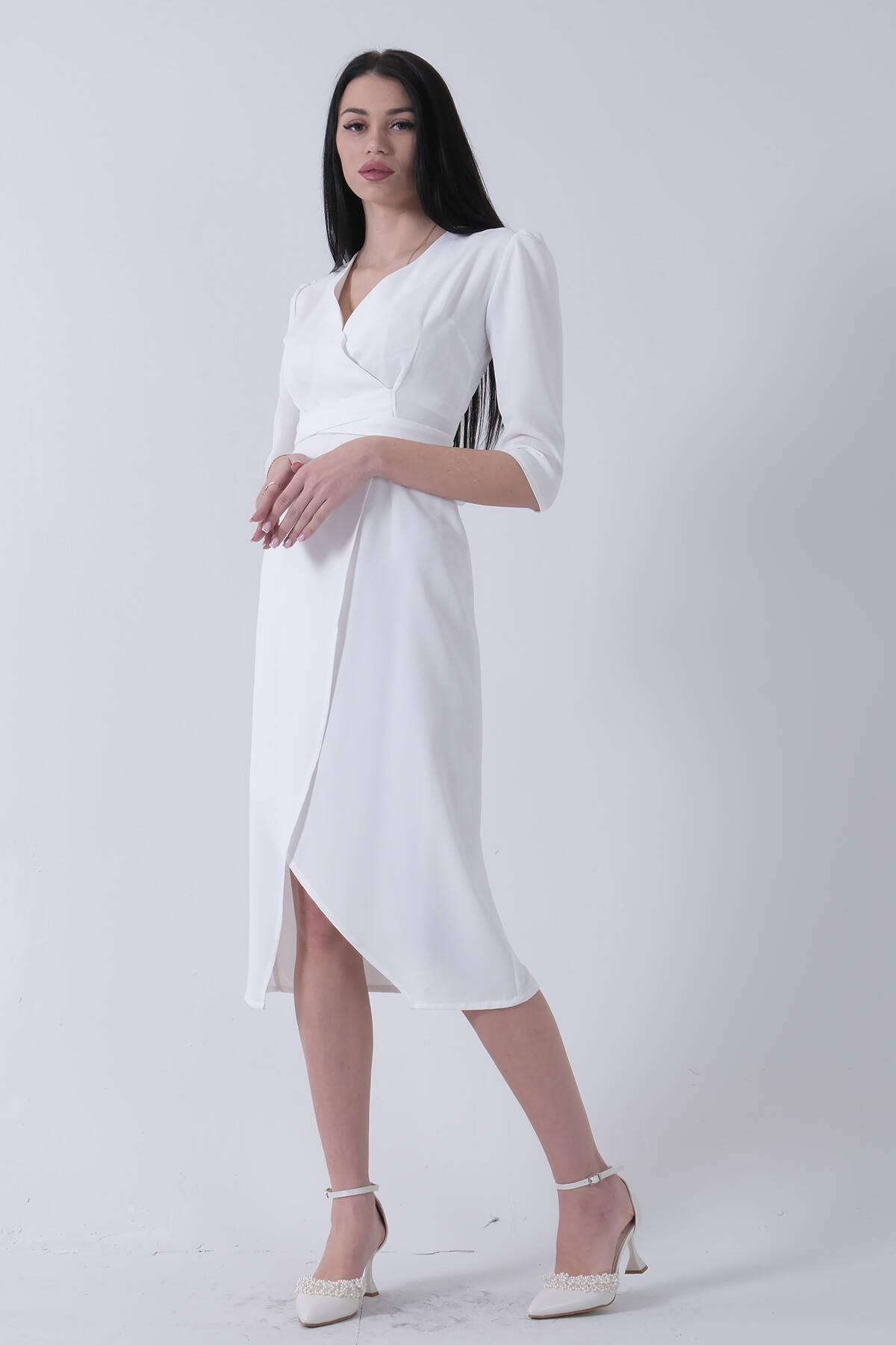 Ekru Kruvaze Yaka Midi Boy Krep Elbise 0104010.147 - Ardanewline