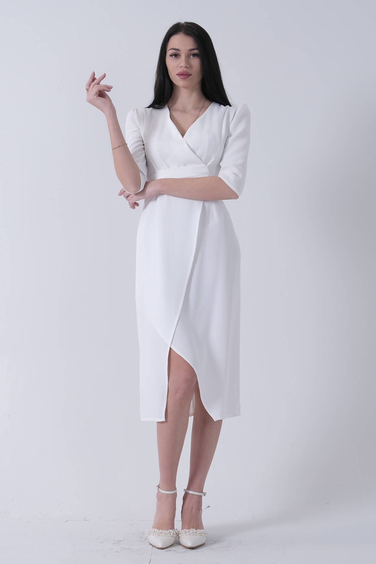 Ekru Kruvaze Yaka Midi Boy Krep Elbise 0104010.147 - Ardanewline (1)