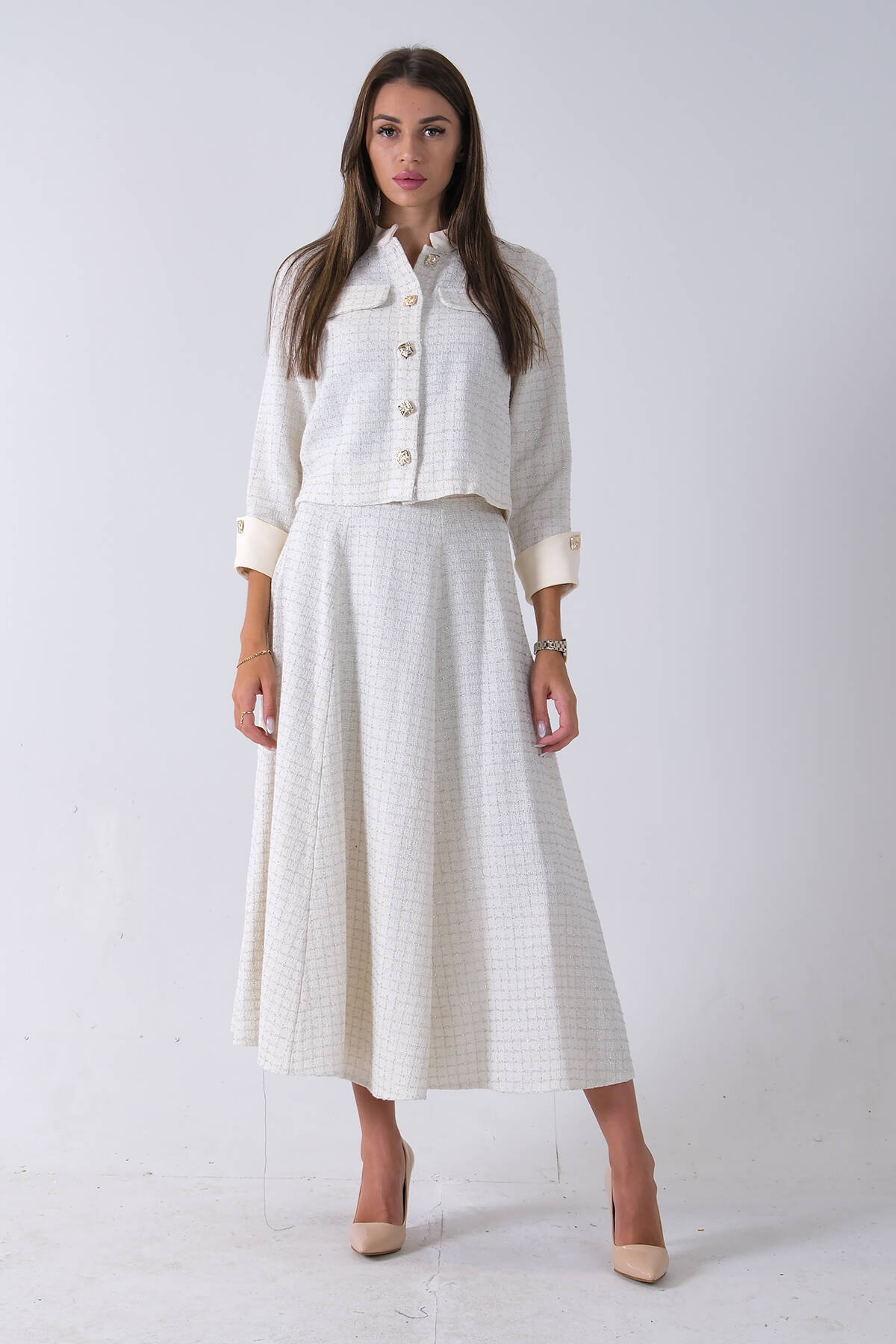 Ekru Önü Düğme Kapamalı Crop Ceket Etekli Tüvid Takım 45950601.147 - Ardanewline