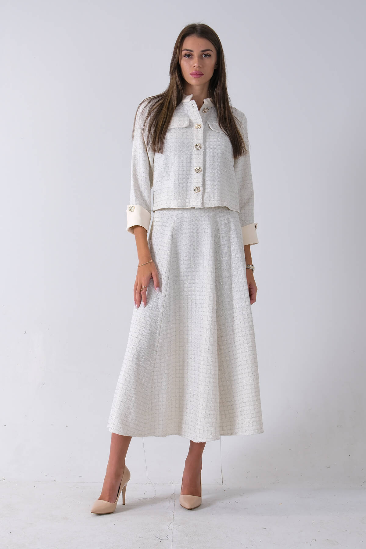 Ekru Önü Düğme Kapamalı Crop Ceket Etekli Tüvid Takım 45950601.147 - Ardanewline (1)