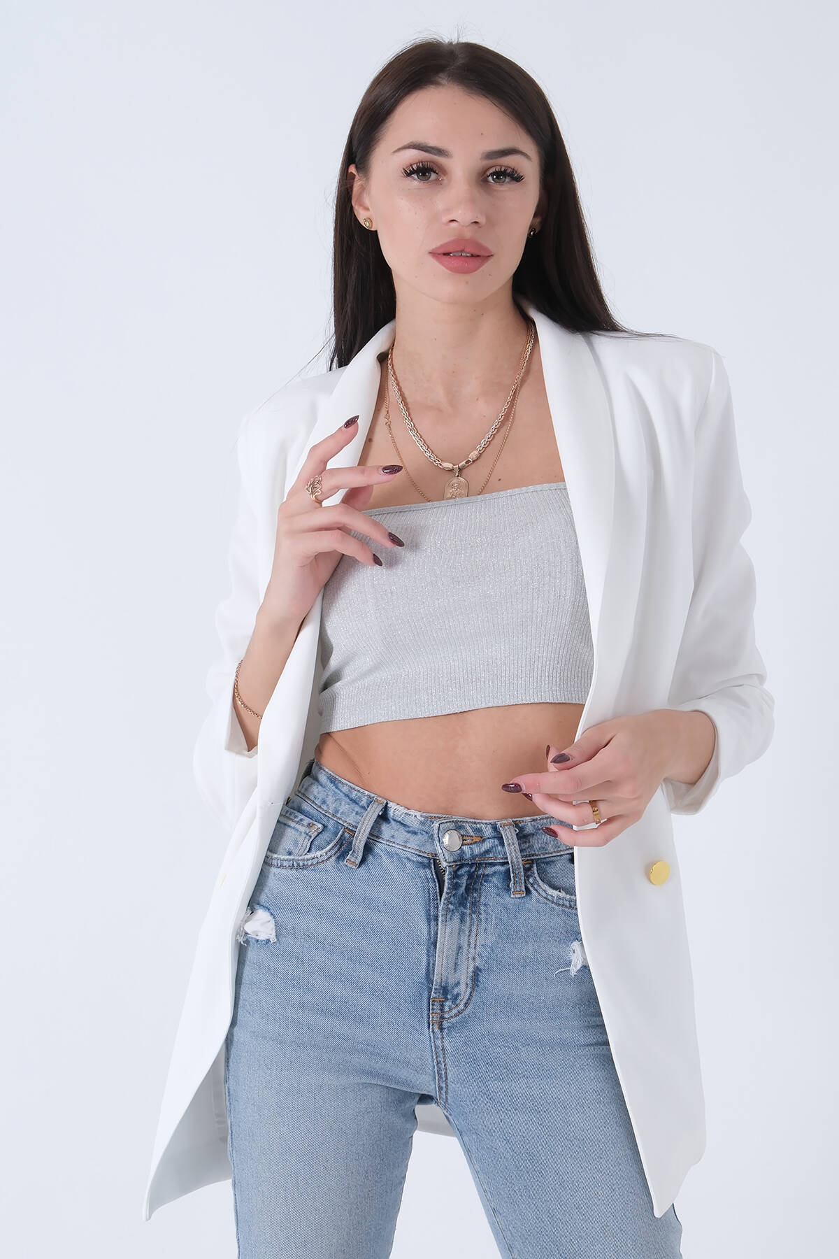 Ekru Şal Yaka Gold Metal Düğmeli Tek Ceket 0105137.147 - Ardanewline