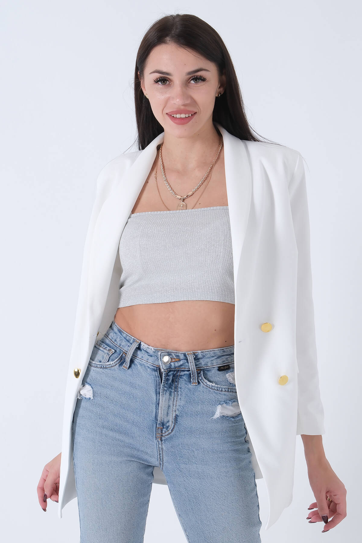 Ekru Şal Yaka Gold Metal Düğmeli Tek Ceket 0105137.147 - Ardanewline (1)