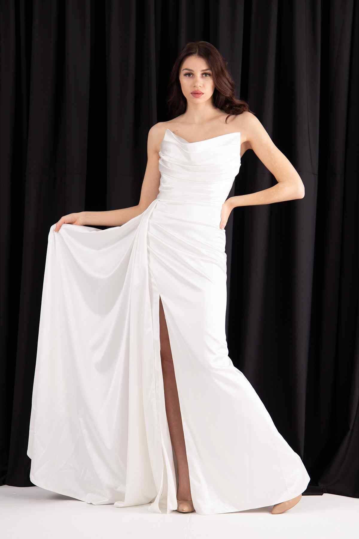 Ekru Straplez Drape Detaylı Yırtmaçlı Saten Kumaş Abiye Elbise 1607209.147 - Ardanewline (1)