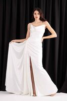 Ekru Straplez Drape Detaylı Yırtmaçlı Saten Kumaş Abiye Elbise 1607209.147 - 2