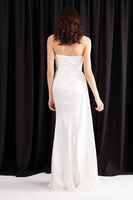 Ekru Straplez Drape Detaylı Yırtmaçlı Saten Kumaş Abiye Elbise 1607209.147 - 5