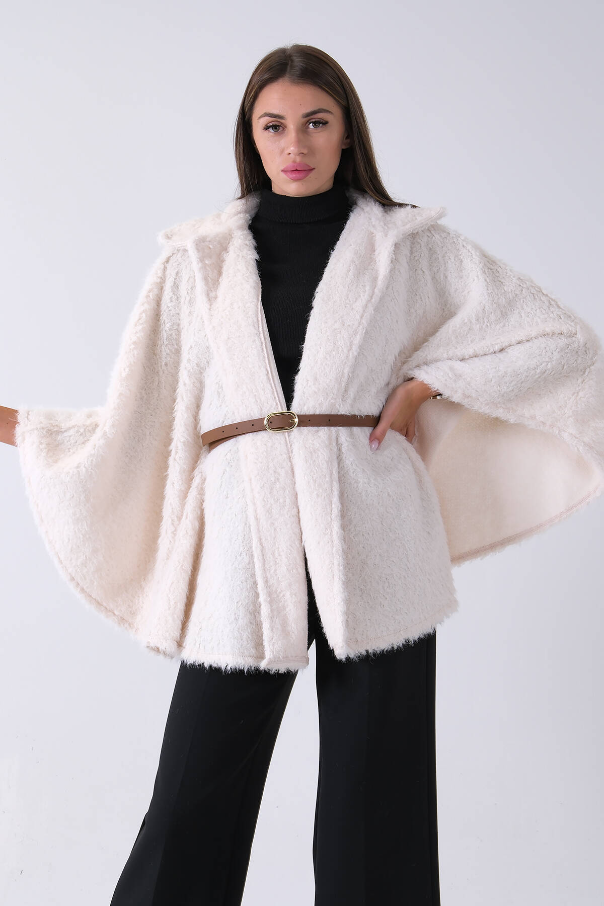 Ekru Tek Düğme Kapamalı Kemerli Yün Peluş Ceket 940140183.147 - Ardanewline