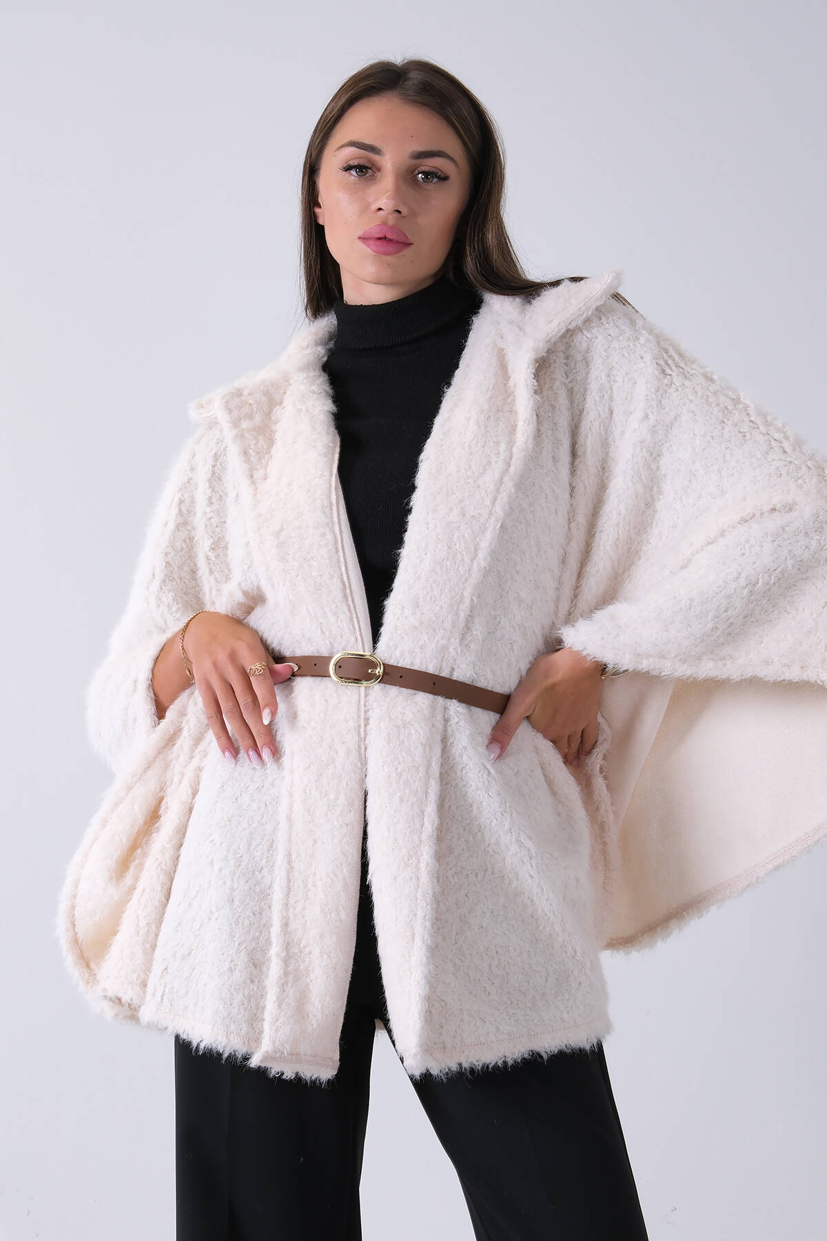 Ekru Tek Düğme Kapamalı Kemerli Yün Peluş Ceket 940140183.147 - Ardanewline (1)