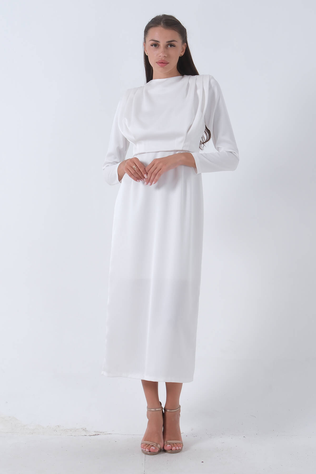 Ekru Üzeri Pilise Detaylı Saten Tesettür Abiye Elbise 6502300.147 - Ardanewline