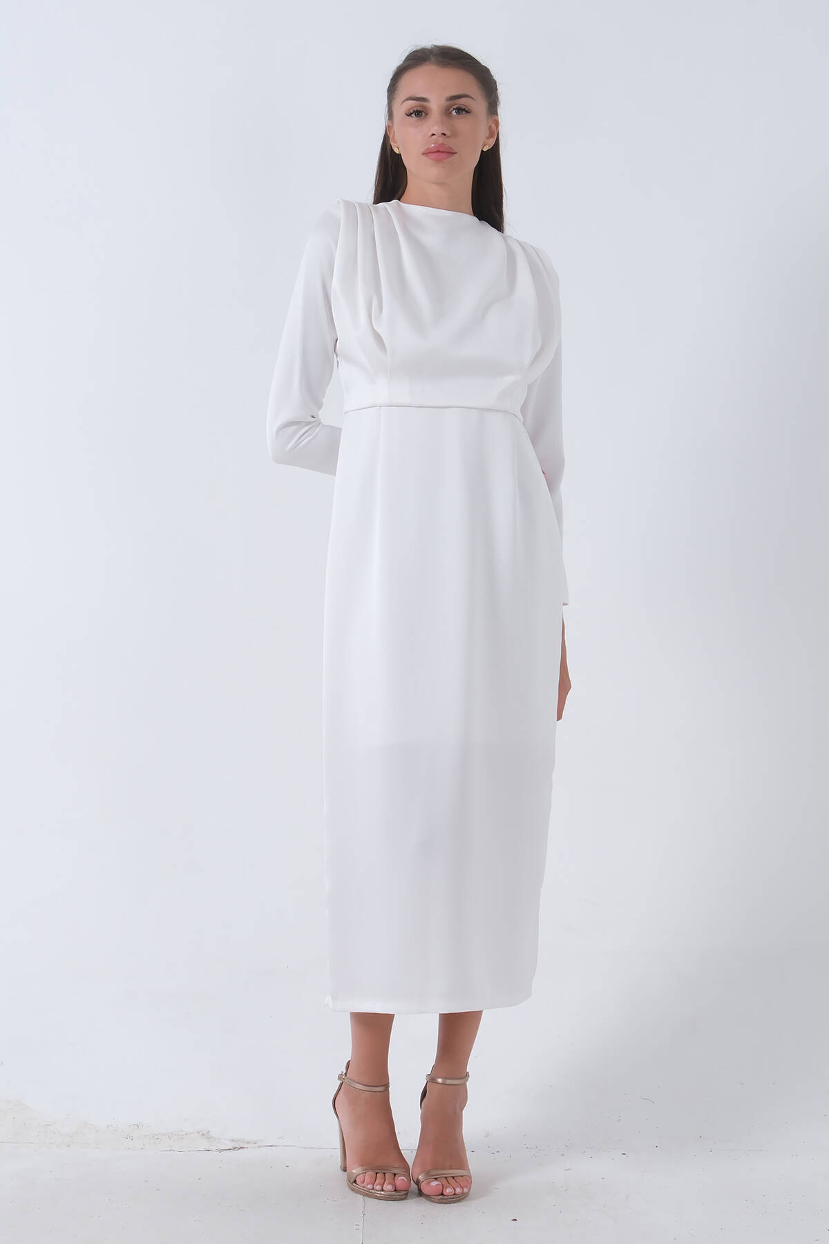 Ekru Üzeri Pilise Detaylı Saten Tesettür Abiye Elbise 6502300.147 - Ardanewline (1)