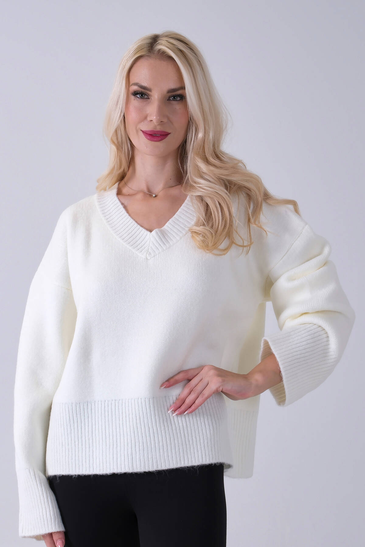 Ekru V Yaka Beli Lastikli Triko Kazak 46892623.147 - Ardanewline