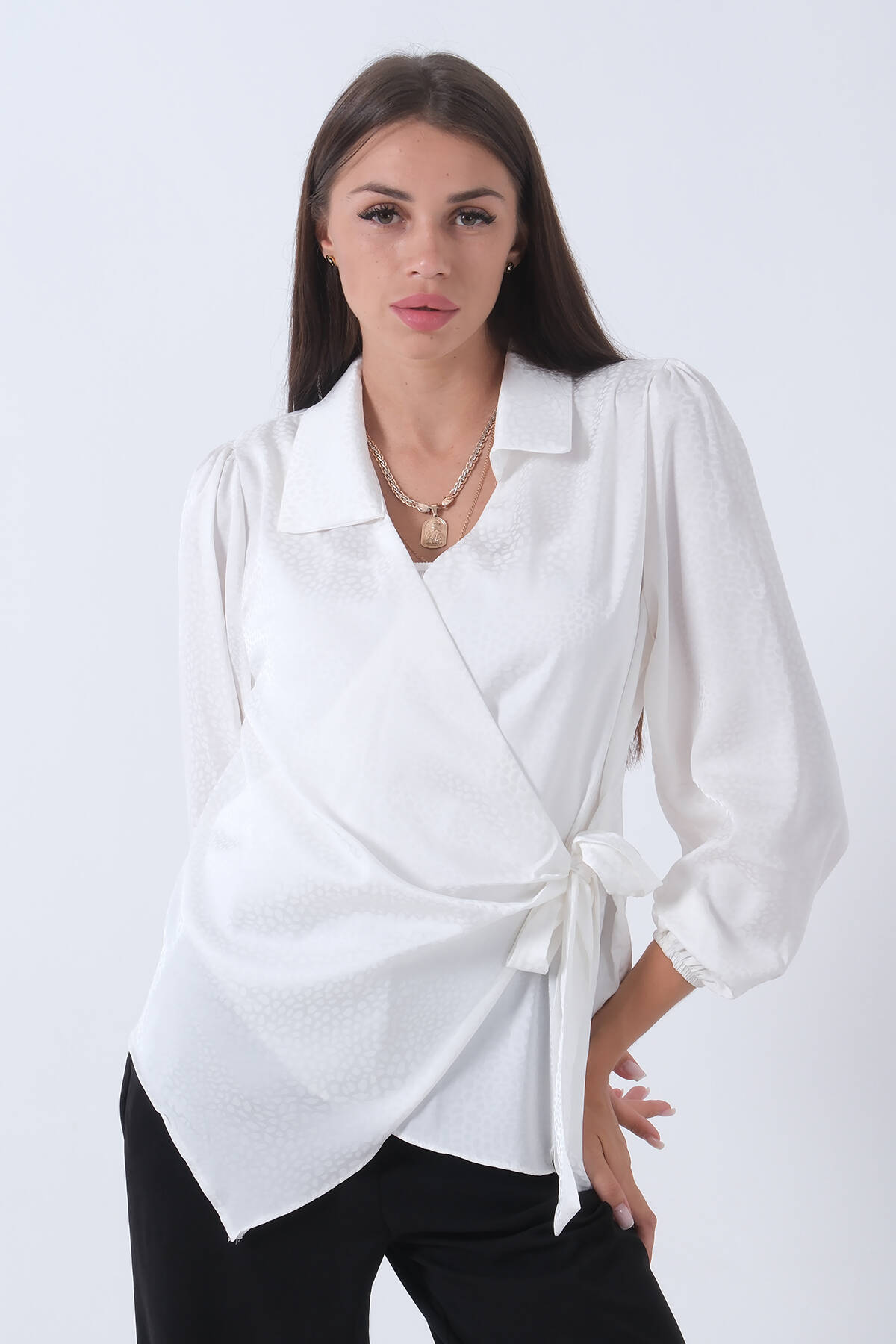 Ekru Yandan Bağlama Detaylı Bluz Gömlek 41620075.147 - Ardanewline