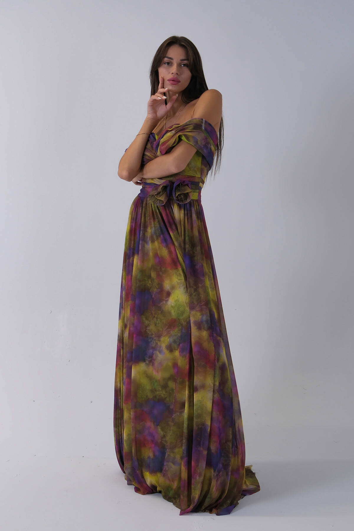 Fıstık Beli Çiçek Detaylı Desenli Şifon Abiye 0801102.22 - Ardanewline