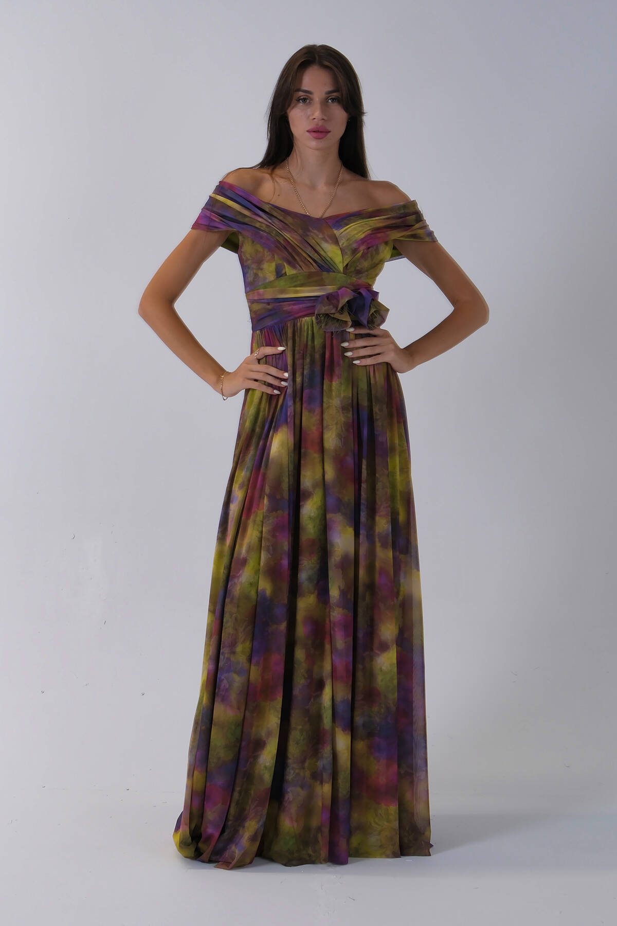 Fıstık Beli Çiçek Detaylı Desenli Şifon Abiye 0801102.22 - Ardanewline (1)