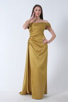 Fıstık Drape Detaylı Saten Kumaş Abiye Elbise 9704858.22 - 2