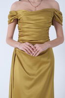 Fıstık Drape Detaylı Saten Kumaş Abiye Elbise 9704858.22 - video