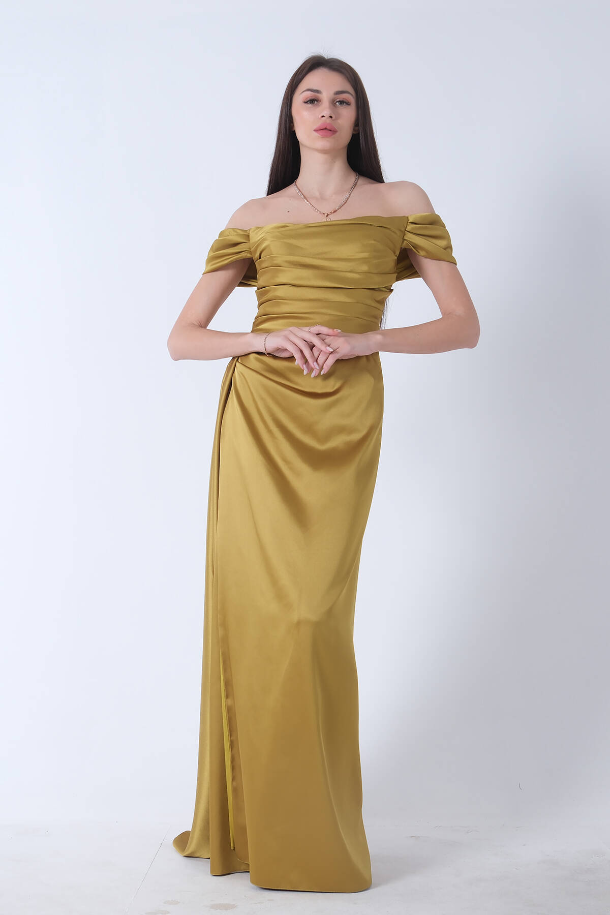 Fıstık Drape Detaylı Saten Kumaş Abiye Elbise 9704858.22 - Ardanewline