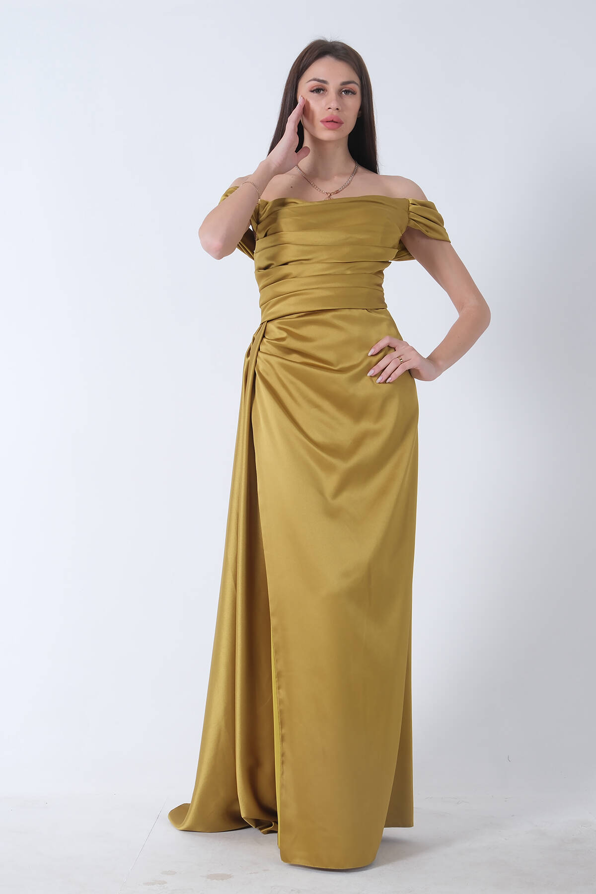 Fıstık Drape Detaylı Saten Kumaş Abiye Elbise 9704858.22 - Ardanewline (1)