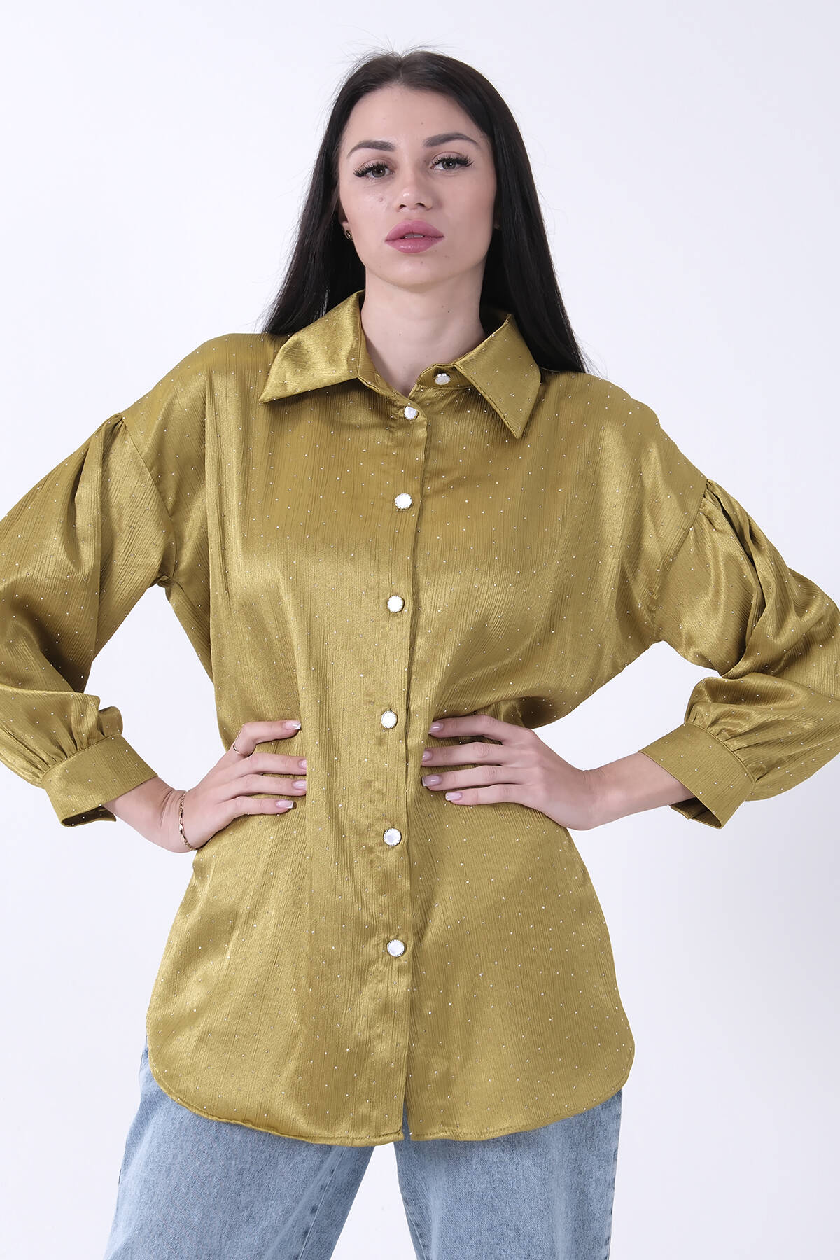 Fıstık Işıltı Nokta Desenli Bağlamalı Şık Gömlek 4595308.22 - Ardanewline (1)