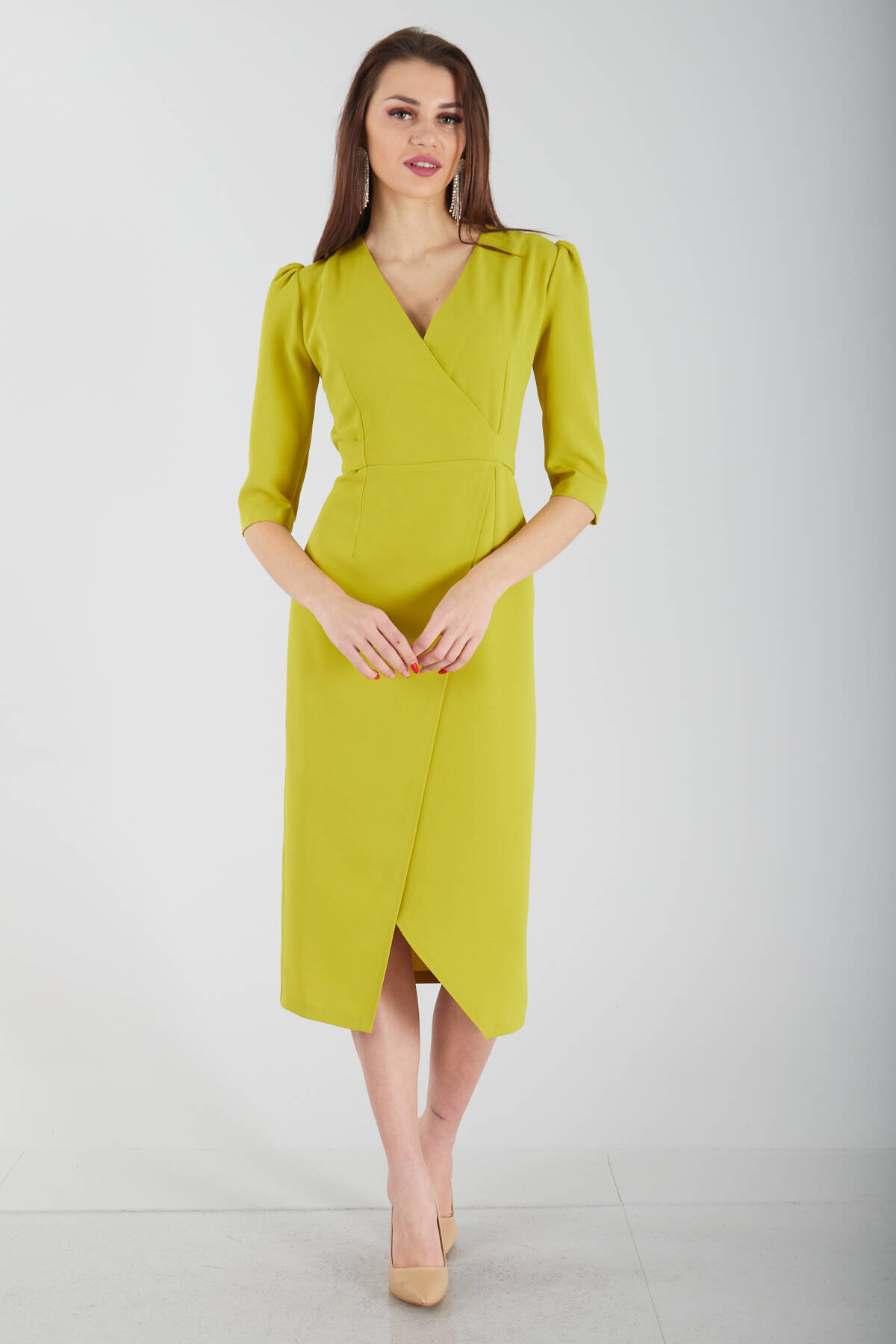 Fıstık Kruvaze Yaka Midi Boy Krep Elbise 0104010.22 - Ardanewline