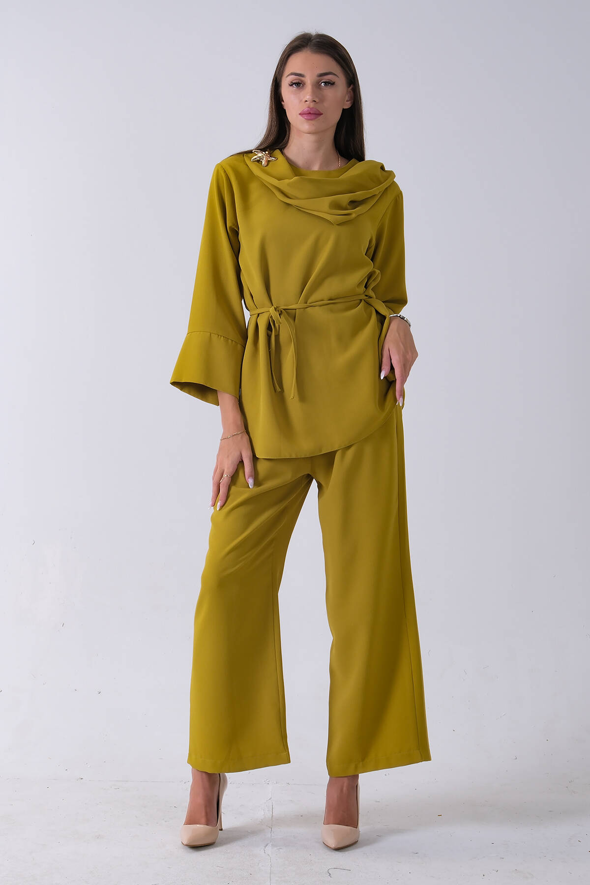 Fıstık Şal Yaka Üzeri Broş Detaylı Pantolonlu Takım 4592270.22 - Ardanewline (1)